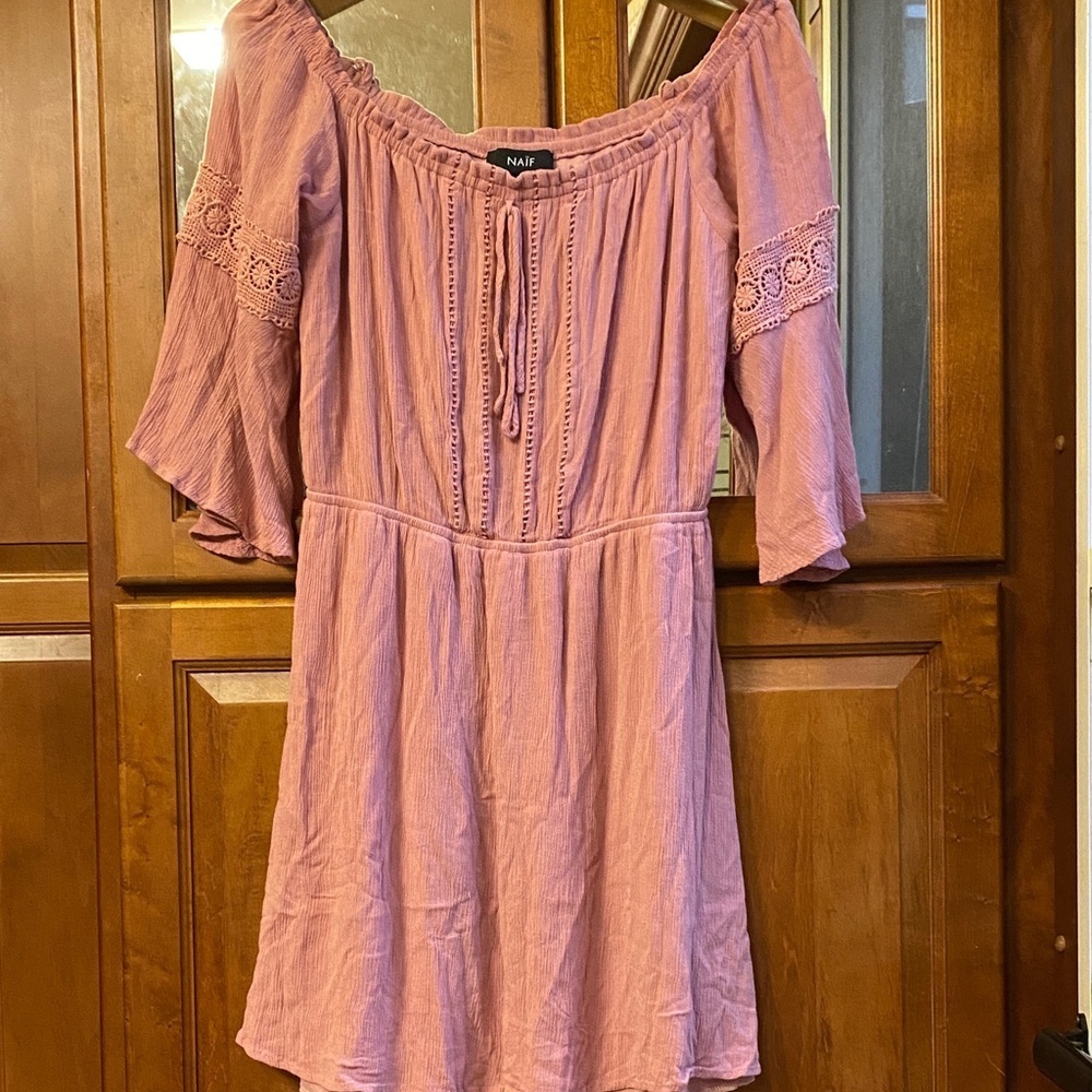 NAIF Soft Pink Large Knit Mini Dress with Tie Detail & Bell Sleeves Flowy Fall